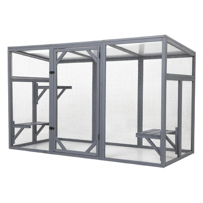 Outdoor Wood Cat Enclosure, Patio Cat Catio House with 3 Platforms, Lockable Door, Sun Sheet Roof, Large Run for Pets, Gray