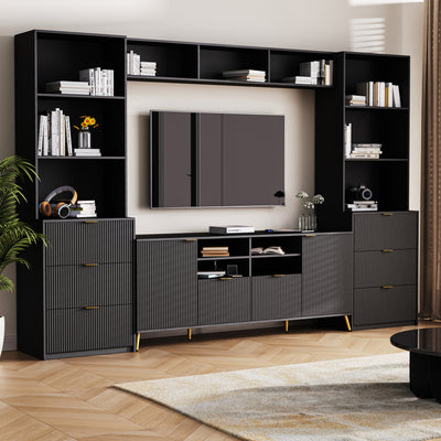 U-Can 4-Piece Entertainment Wall Unit with 13 shelves,8 Drawers and 2 Cabinets, Multifunctional TV Stand Media Storage Cabinet with Fluted Line Surface for Living Room, for TVs Up to 70'