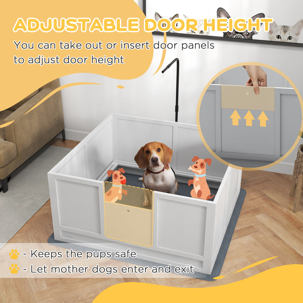 PawHut Whelping Box for Dogs with Retractable Light Stand, Birth Dog Whelping Box for Puppies with Pig Rail, Pee PadAdjustable Height Door for Small, Medium & Large Breed Dogs, 41" x 39"