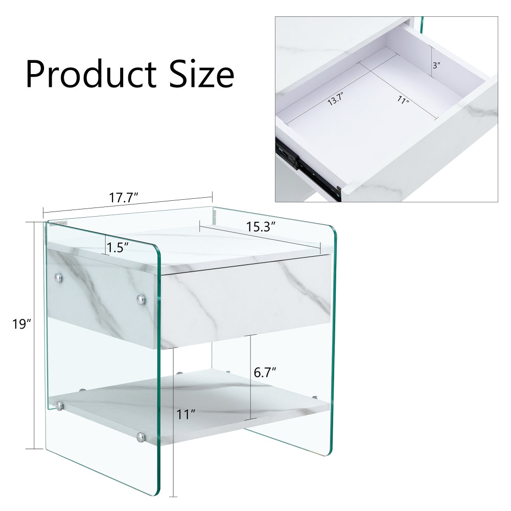 SunJet Bedside table with drawers. The board surface is MDF sticker, and both sides are transparent tempered glass. The design is simple and elegant, with excellent storage functions.