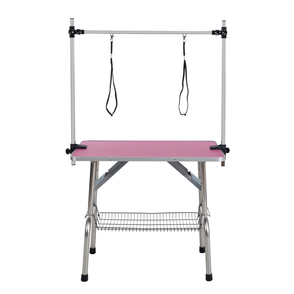 42" Folding Dog Pet Grooming Table Stainless Steel Frame Rubber Mat on Board with Adjustable Arm and Clamps pet dog Cat Grooming Table (PINK COLOR)