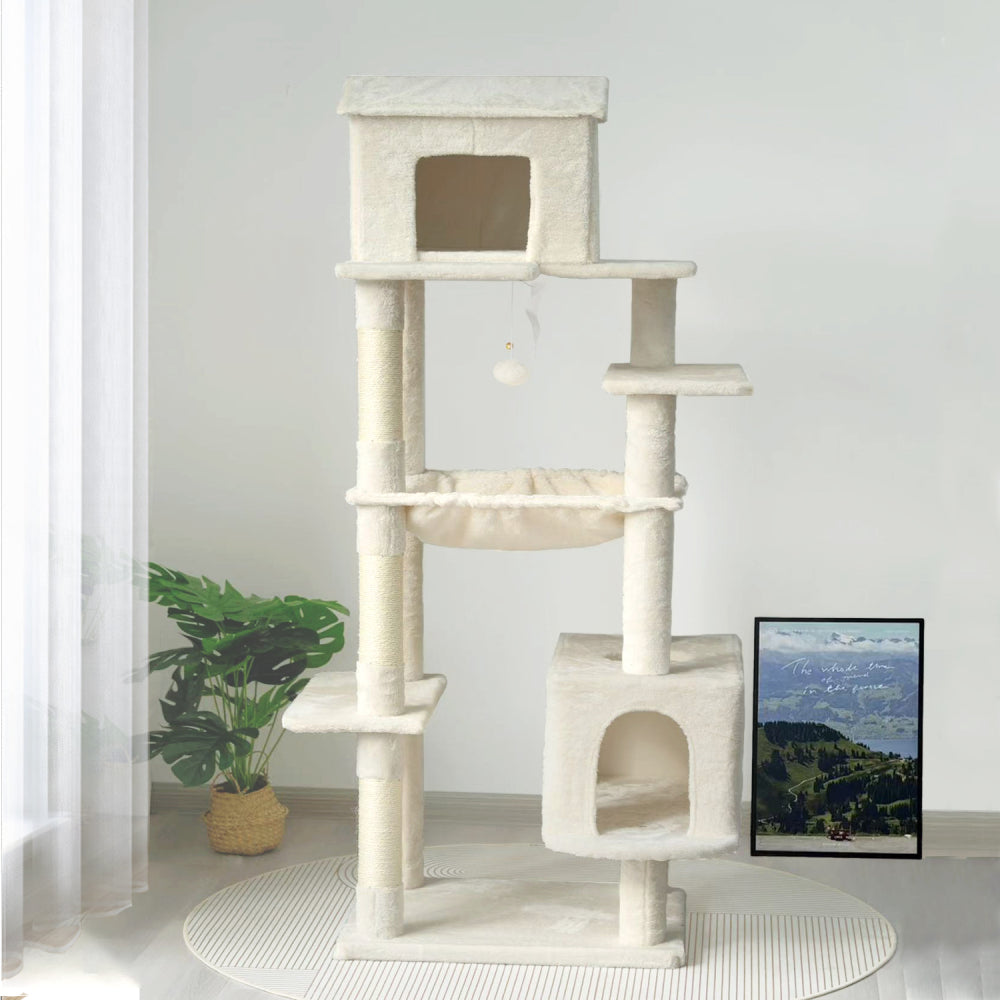 Beige Multi-Level Cat Tree with Unique Cat House, Hammock, Scratching Posts - Plush Cat Tower for Indoor Cats, Ideal for Multiple Cats 64in