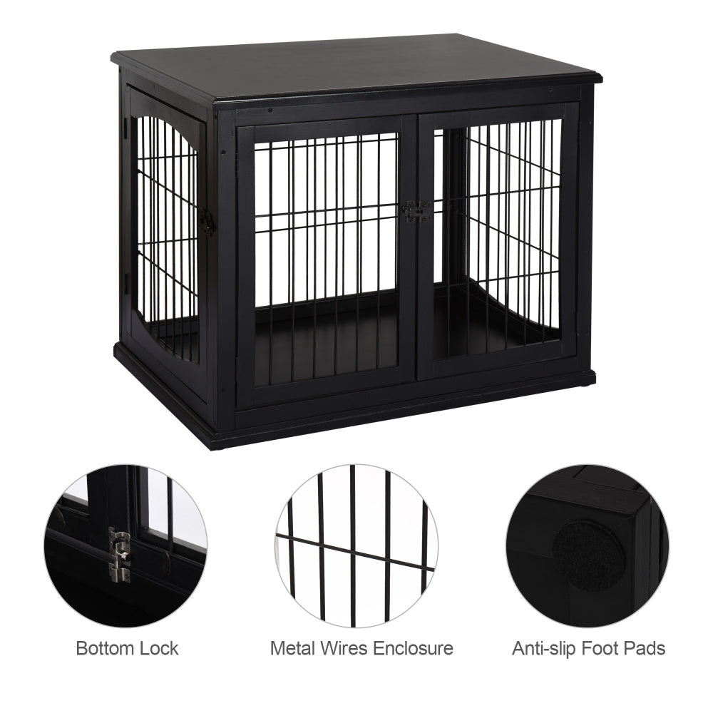 PawHut Dog Crate Furniture, Small Dog Cage End Table with Two Opening Sides, Lockable Door, Puppy Kennel Indoor, Cute and Decorative, Black