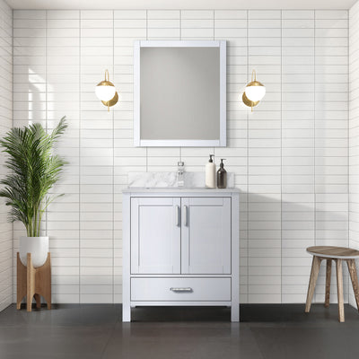 White Bath Vanity 30 in. W x 22 in. D, Carrara Marble Top, and 28 in. Mirror