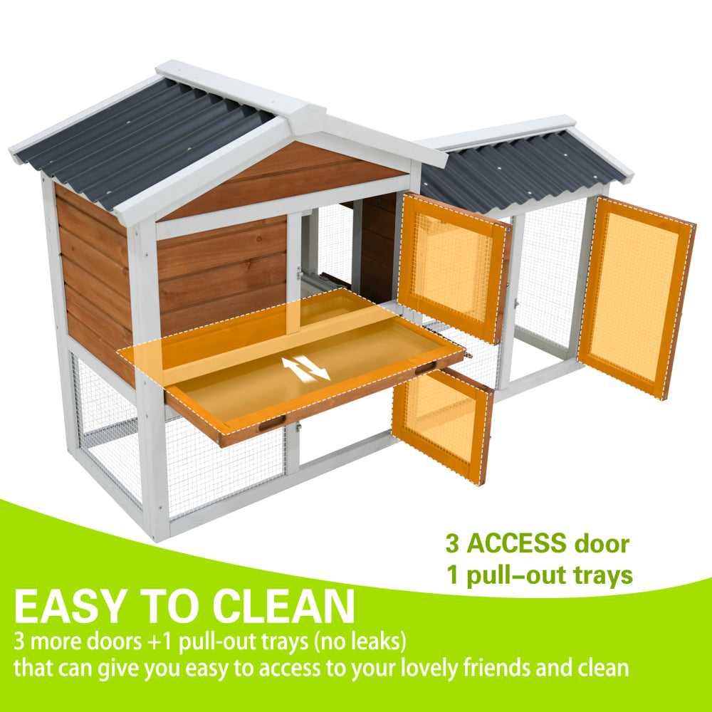 58" Wooden Outdoor Indoor Roof Waterproof Bunny Hutch Rabbit Cage Guinea Pig Coop PET House for Small to Medium Animals with Stairs and Cleaning Tray