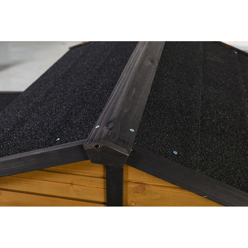 Large Wooden Dog House with Storage Box and Feeding Station, Outdoor Pet Kennel with Asphalt Roof, Porch, and Lockable Door – Weatherproof Fir Wood Dog Home for Small to Medium Dogs