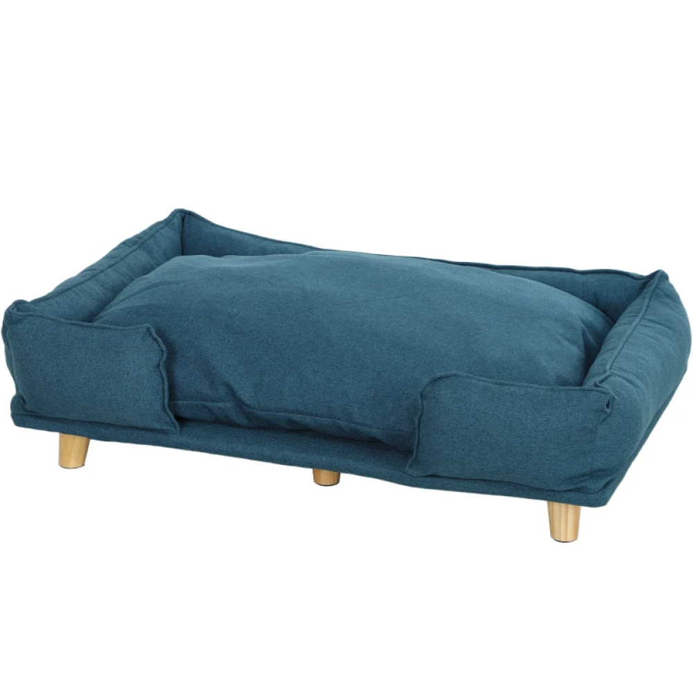 Raised Pet Couch with Comfortable Cushion, Pine Wood Legs,  Dark Blue
