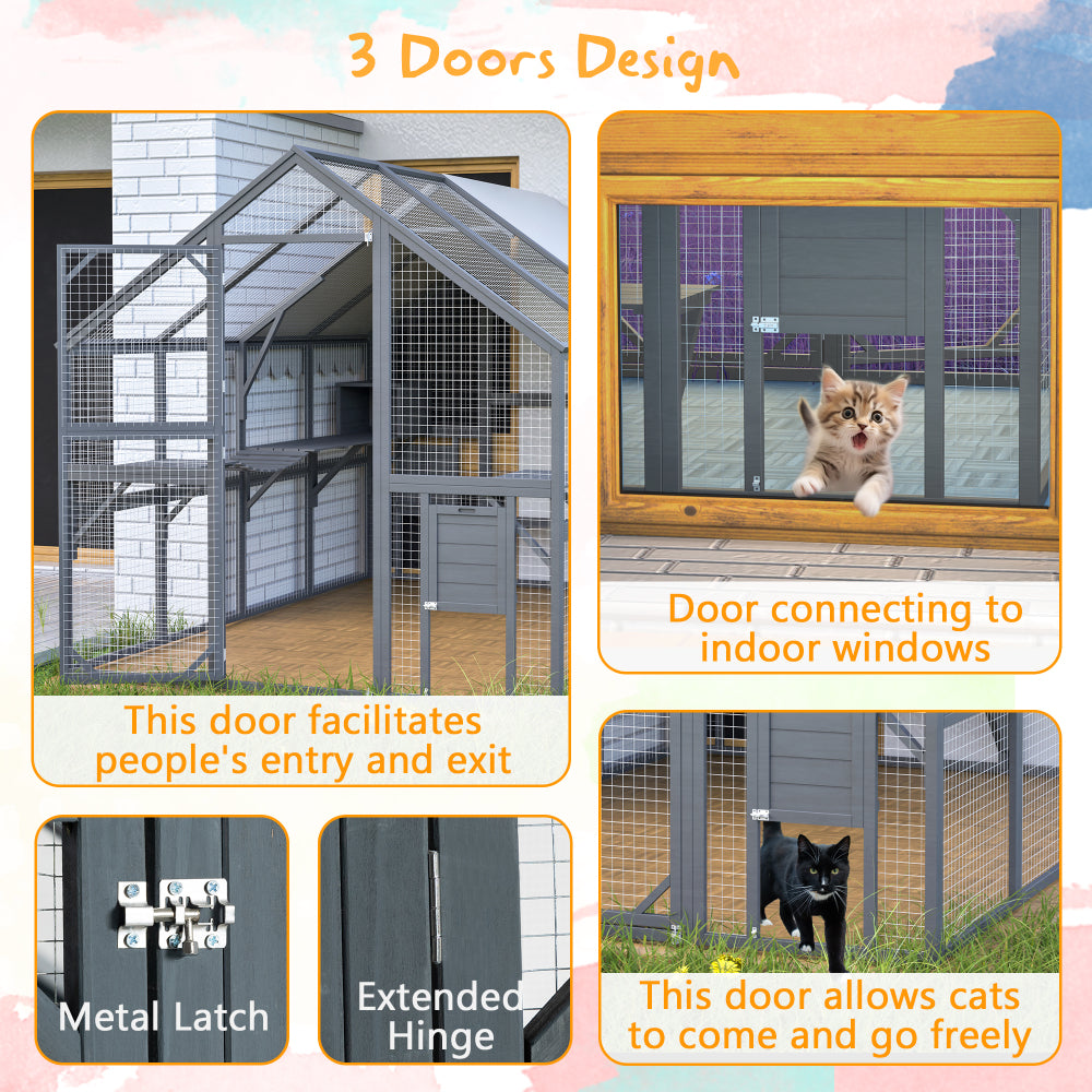 Extra Spacious Catio Outdoor Cat Haven, 110 inch Luxury Cattery with Weather-Resistant Roof, Cat Climbing Ramp, Space Pod Bed, 2 Lounging Huts