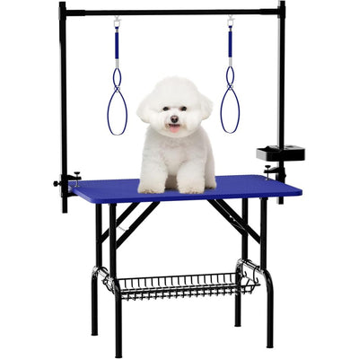 36''Large Dog Grooming Table, Foldable Pet Station at Home, Dog Grooming Table,Adjustable Cat Drying Desktop with Arms, Nooses, Mesh Tray (36Inch Pet Grooming Table Blue)