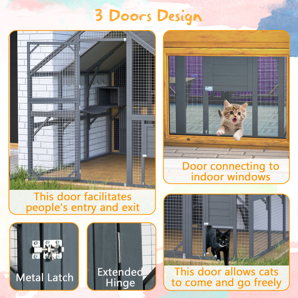 Premium Cat Run Large Outdoor Enclosure, Wooden Catio Kitty Mansion with Suspension Bridges, Strolling Paths, Cozy Cabins, Protective Roof Cover, 82 Inch Expanse