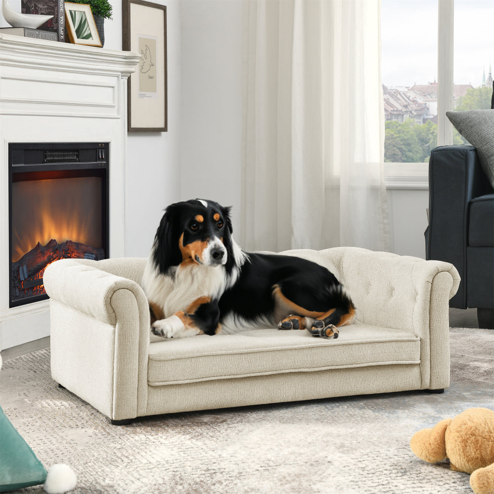 Elegant rectangular pet bed for small and medium-sized dogs, durable elevated dog sofa bed, comfortable dog sofa, modern and fashionable linen fabric dog sofa-Dark Brown