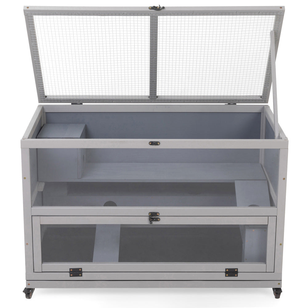 Wooden Hamster Cage, Gerbil Cage Enclosure with Tunnels, Detachable Tray, Wheels, Openable Top & Front, Small Animal Hutch for Mice, Rat, Gray