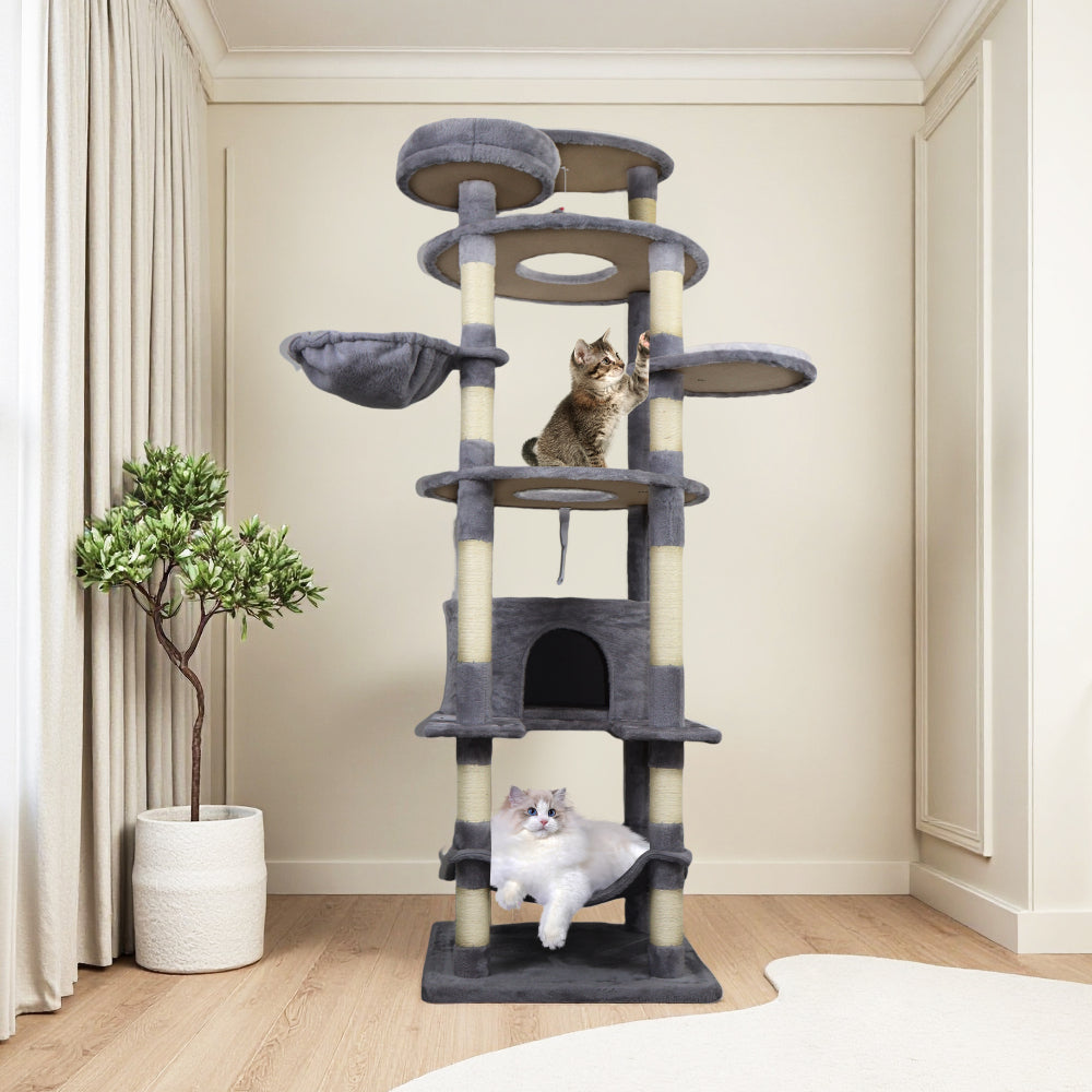 78.8 in Dark Gray Cat Tree Tower with Wide Base, Large Condo,  12 Sisal Scratching Post, Big Hammock,  Large Top Platform, Many landing Perch and Interactive toy