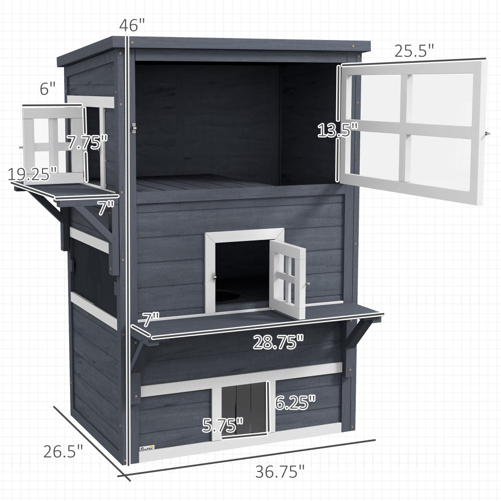 PawHut 3-Story Cat House Feral Cat Shelter, Outdoor Kitten Condo with Raised Floor, Asphalt Roof, Escape Doors, Jumping Platforms, Dark Gray