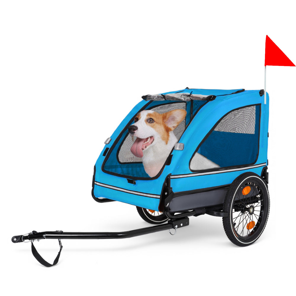 Pet Bike Trailer Dog Cart for Bicycle,Suitable for Small and Medium Pets, Easy Folding Cart Frame, Quick Release Wheel, Non-Slip Floor, Internal Leash, blue+Grey