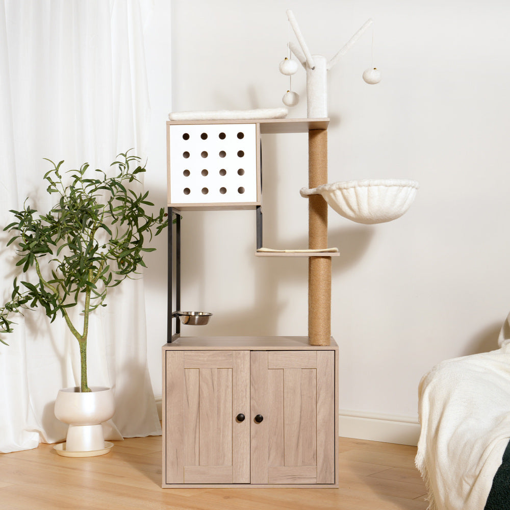Cat Tree with Litter Box Enclosure - Modern Cat Condo with Scratching Posts, Feeding Bowl & Removable Pompom Sticks, Gray