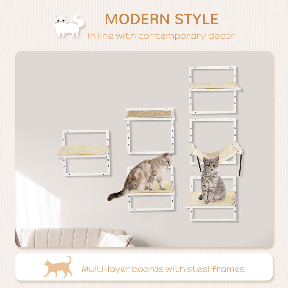 PawHut 6-pc Modern Cat Wall Shelves for Indoor Cats, Height Adjustable Jumping Platforms & Cat Hammock, Cat Shelves and Perches for Wall-Mounted Cat Tree, Cat Climbing Shelf Set, Cream