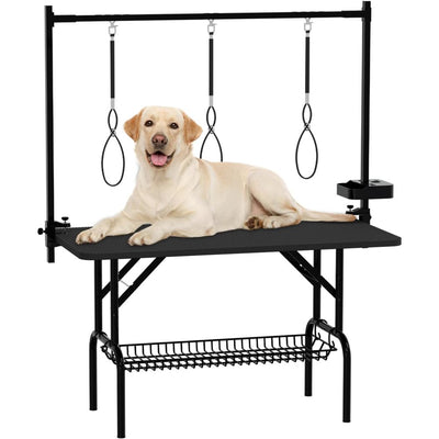 47''Large Dog Grooming Table, Foldable Pet Station at Home, Dog Grooming Table,Adjustable Cat Drying Desktop with Arms, Nooses, Mesh Tray (47Inch Pet Grooming Table Black)