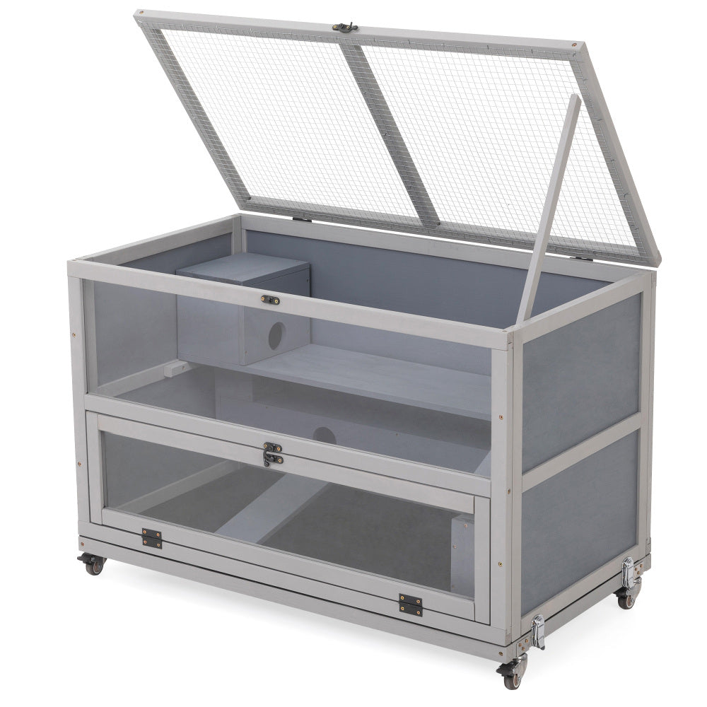 Wooden Hamster Cage, Gerbil Cage Enclosure with Tunnels, Detachable Tray, Wheels, Openable Top & Front, Small Animal Hutch for Mice, Rat, Gray