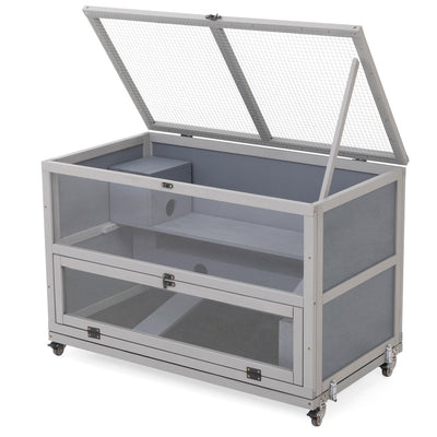 Wooden Hamster Cage, Gerbil Cage Enclosure with Tunnels, Detachable Tray, Wheels, Openable Top & Front, Small Animal Hutch for Mice, Rat, Gray