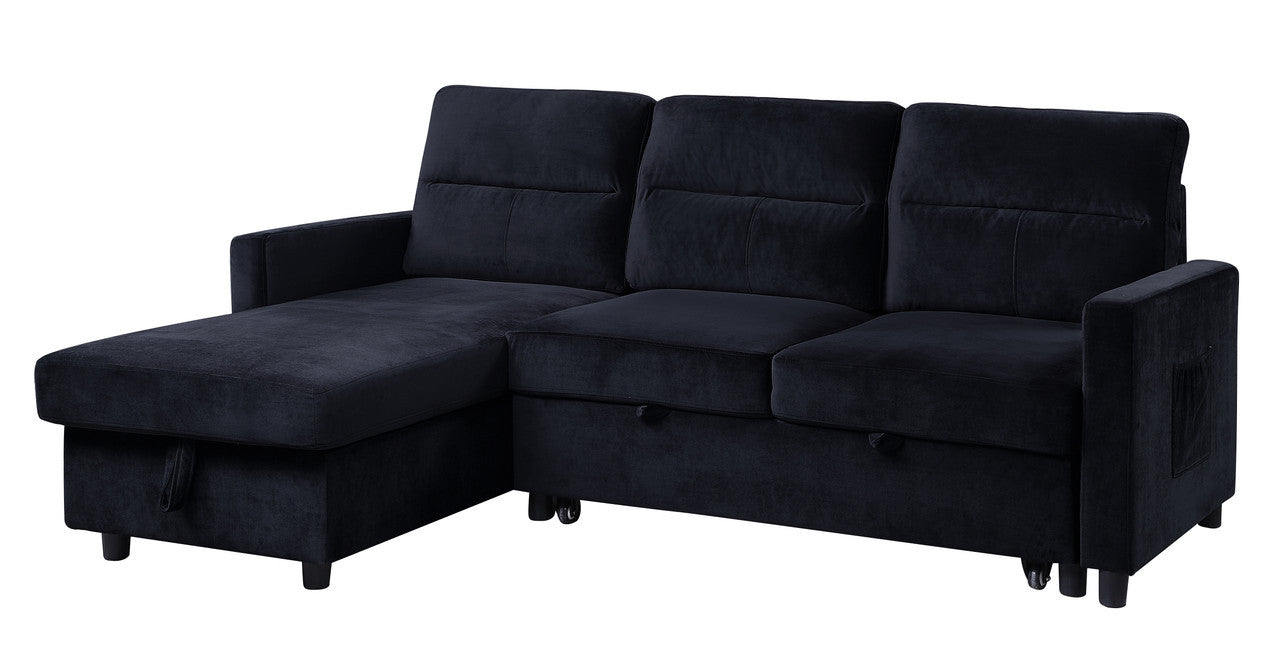 Ivy 81.5' Black Velvet Reversible Sleeper Sectional Sofa with Storage Chaise and Side Pocket