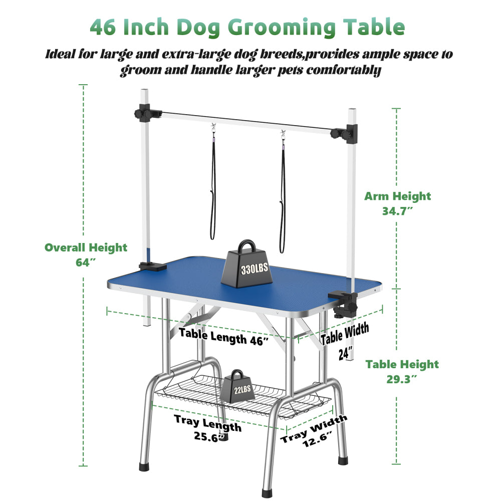46 Inch Foldable Dog Grooming Table for Home with Adjustable Arm, Noose, Non-Slip Surface, and Storage Mesh Tray