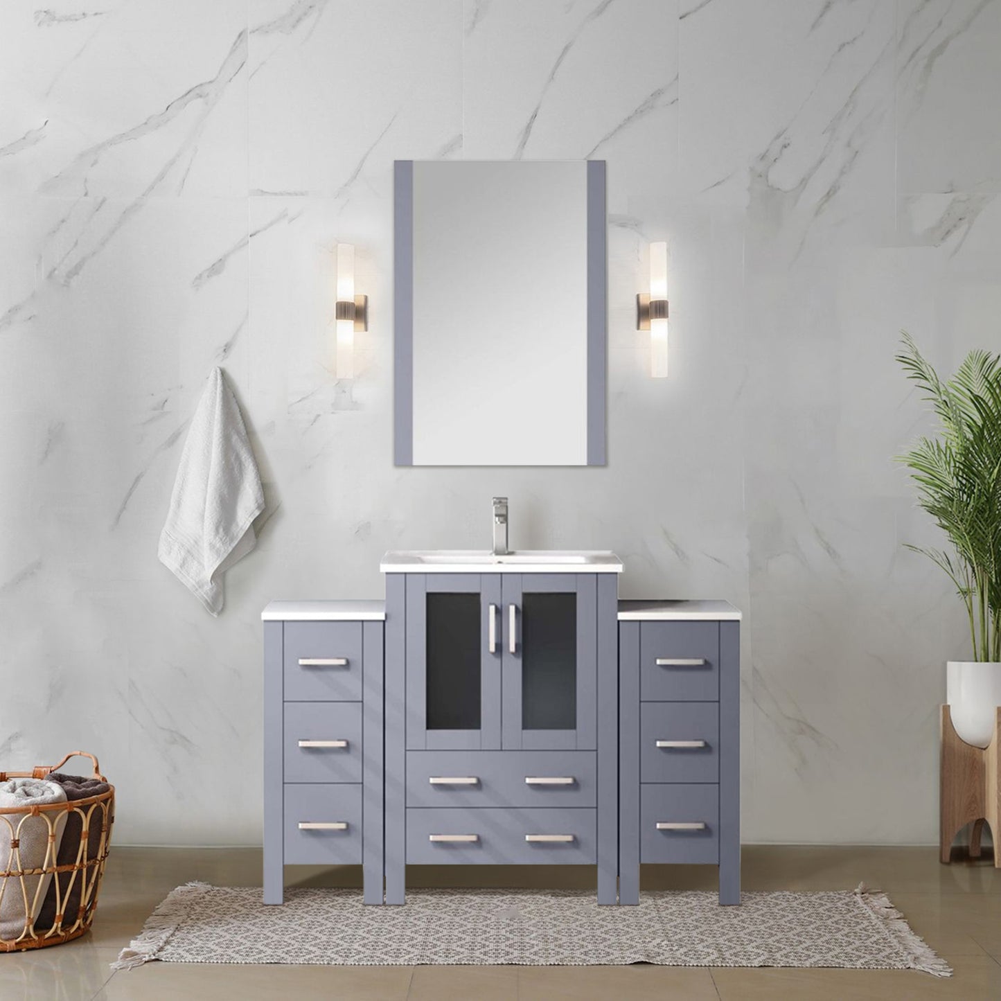 Dark Grey Single Bath Vanity 48 in. W x 18.25 in. D, with Side Cabinets, White Ceramic Top, and Faucet Set