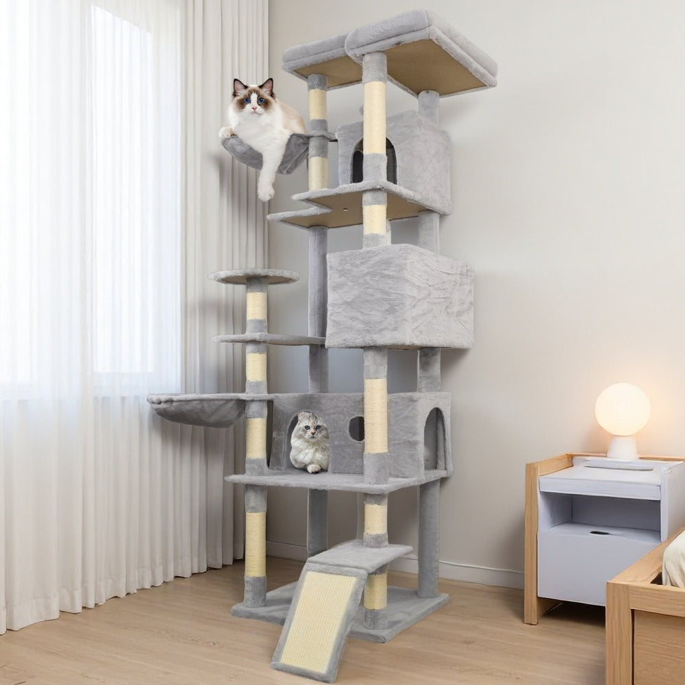 84.6 in Light Gray Cat Tree Tower with Wide Base, 3 Large Hinding Condo,  11 Sisal Scratching Post, Sisal Scratching Ladder,  2 Hammocks, Large Top Platform,  Many landing Perch and Interactive toy