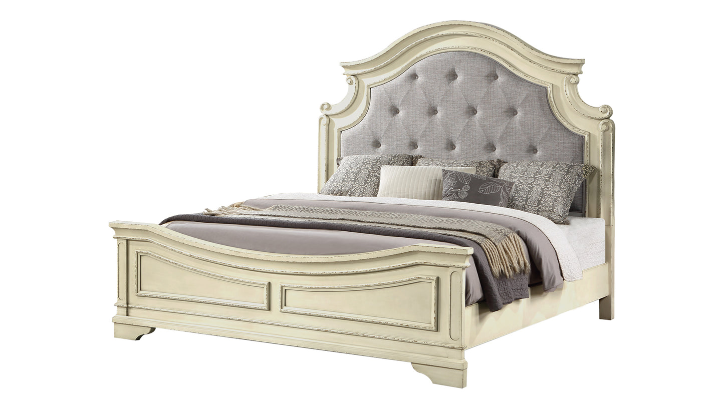 Traditional Style Queen Bed with Button Tufted Upholstery Headboard Made with Wood in Antique Beige