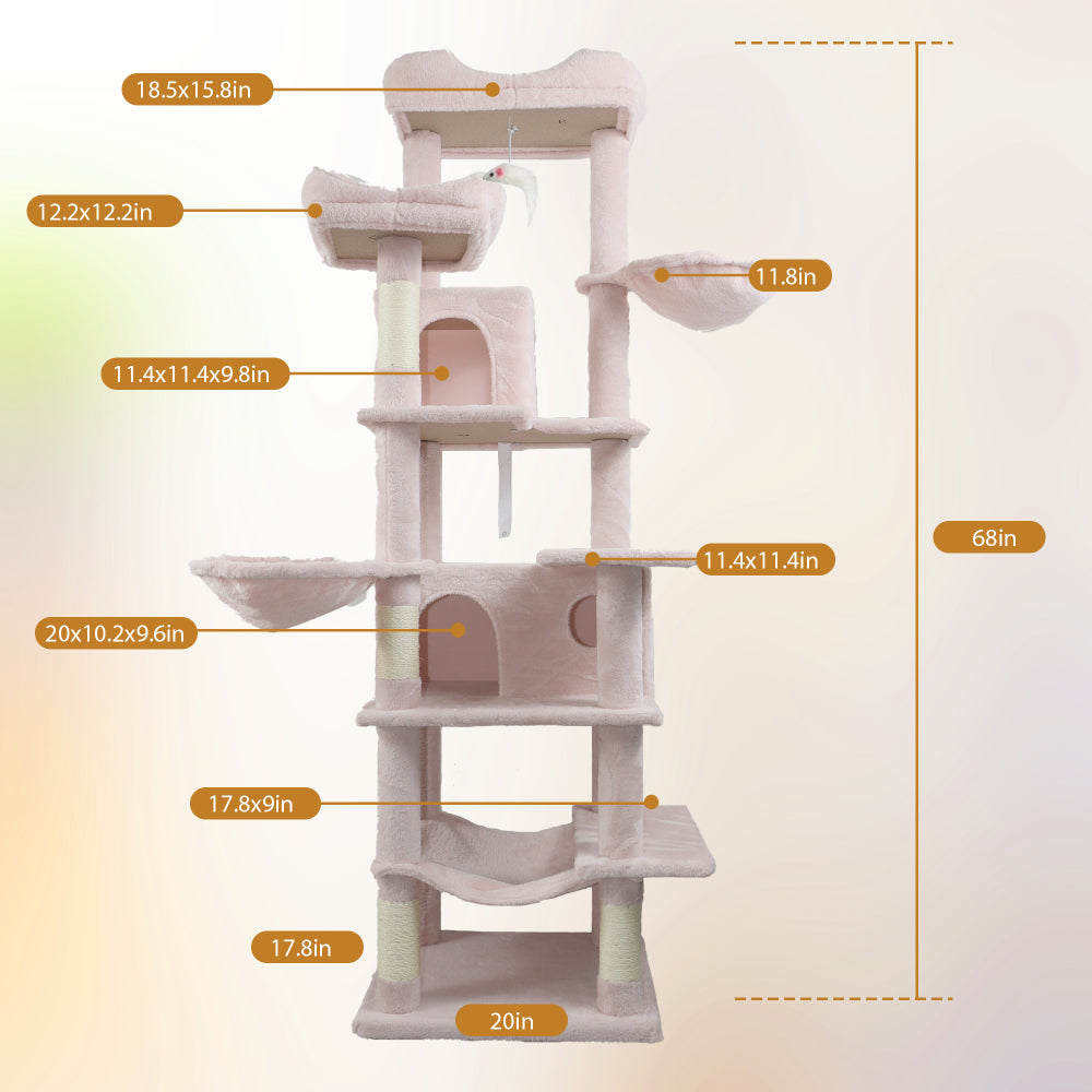 68in Tall Multi-Level Green Cat Tree with Hammocks, Hanging Basket, Cat Cave, Removeable Cushion, Scratching Posts - Plush Cat Tower for Indoor Cats, Perfect for Multiple Cats Pink