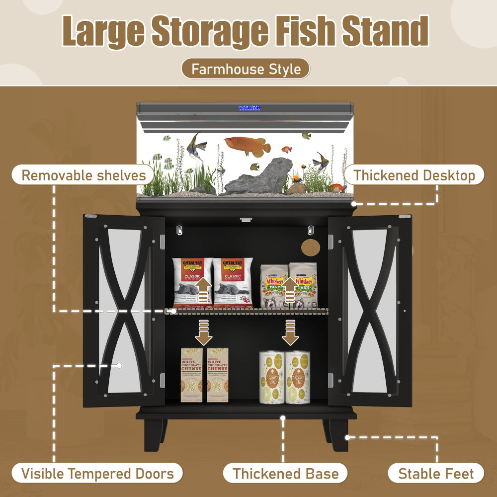 20 Gallon Fish Tank Stand with Power Outlets(4 AC 2 USB), Farmhouse Decorative Aquarium Stand Furniture with Adjustable Shelves, 10-20 Gallon Reptile Turtle Tank Stand with Cabinet Storage, Black