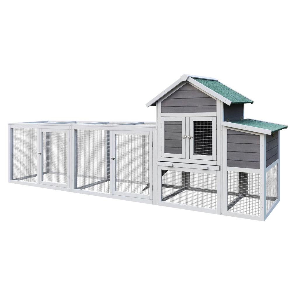 Gray Wooden Chicken Coop Outdoor Hen House with Run, Waterproof Roof & Nesting Box, Rabbit Duck Poultry Cage with Perch, Sliding Tray, and Secure Locks