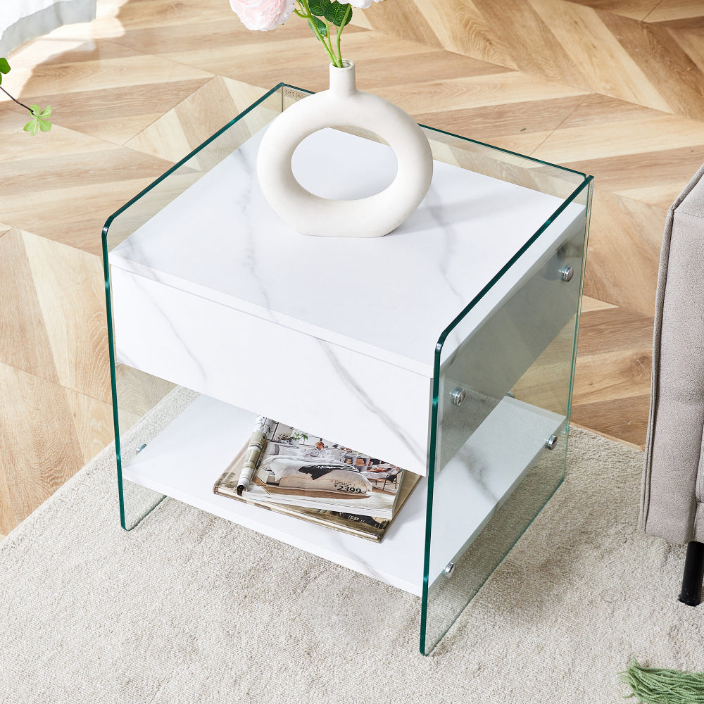 SunJet Bedside table with drawers. The board surface is MDF sticker, and both sides are transparent tempered glass. The design is simple and elegant, with excellent storage functions.