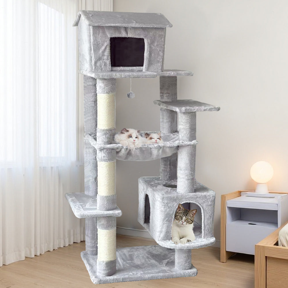 Beige Multi-Level Cat Tree with Unique Cat House, Hammock, Scratching Posts - Plush Cat Tower for Indoor Cats, Ideal for Multiple Cats 64in