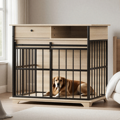 Dog Crate Furniture , Large Dog Cage Furniture with Tray for Medium Large Dogs, Wooden Dog Kennel Furniture