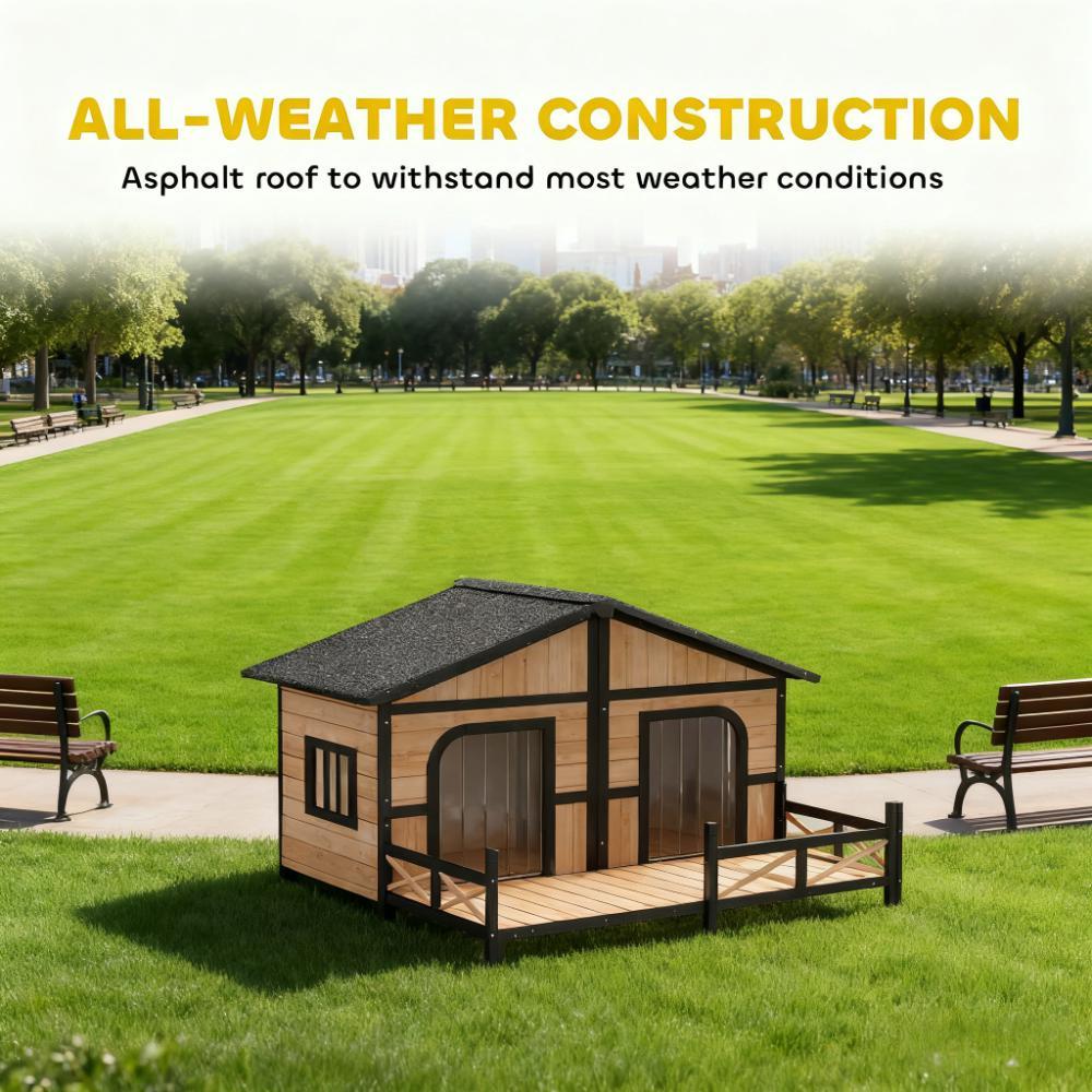 Dog House Wooden Dog Kennel Weatherproof with Porch, Openable Roof, Removable Bottom, Elevated Floor, Double Room