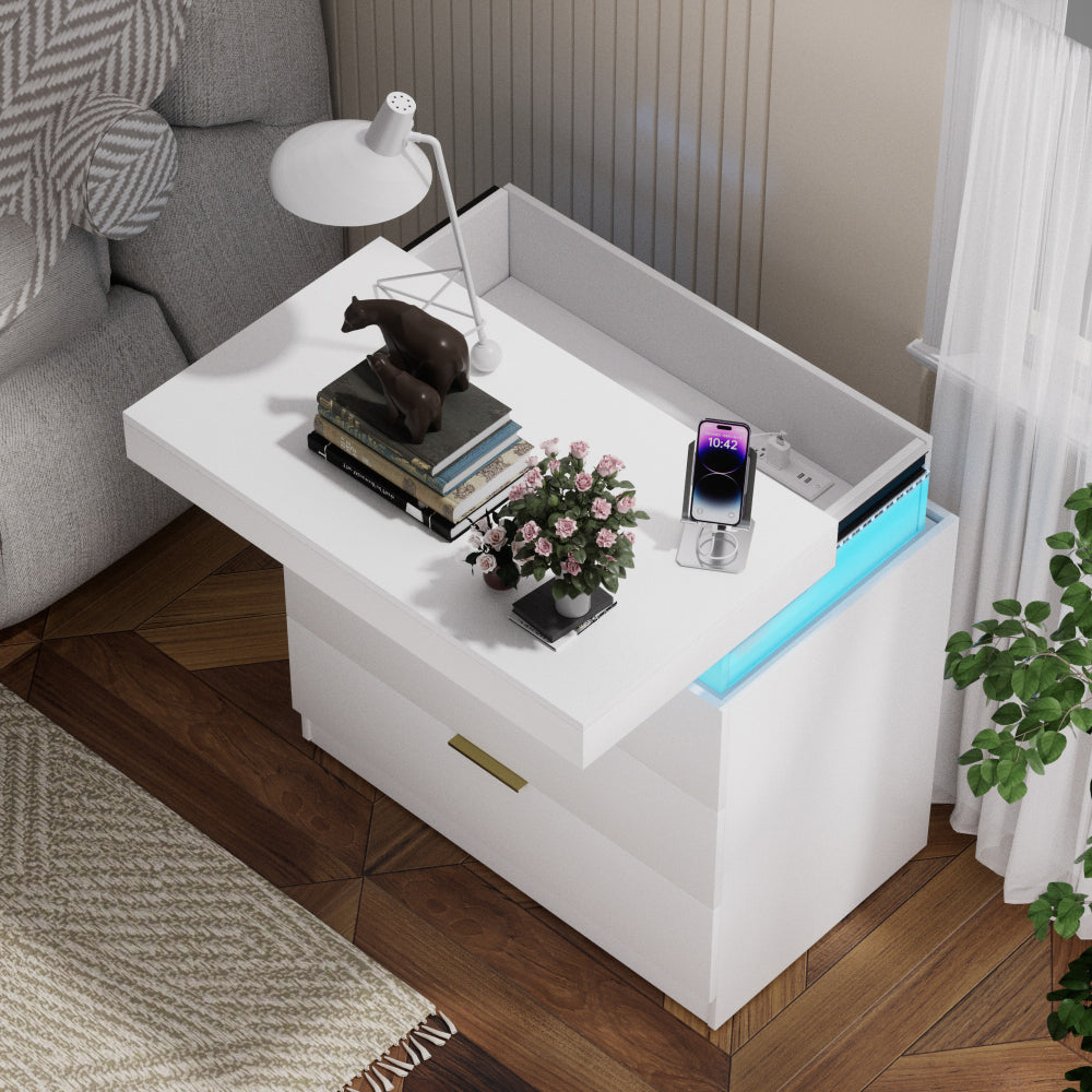 SunJet Nightstand with Charging Station and LED Lights,Night Stand with Sliding Top for Bedroom,Bedside Table with Drawers,Modern End Side Table,White.28.8''W x 17''D x 30.5''H.