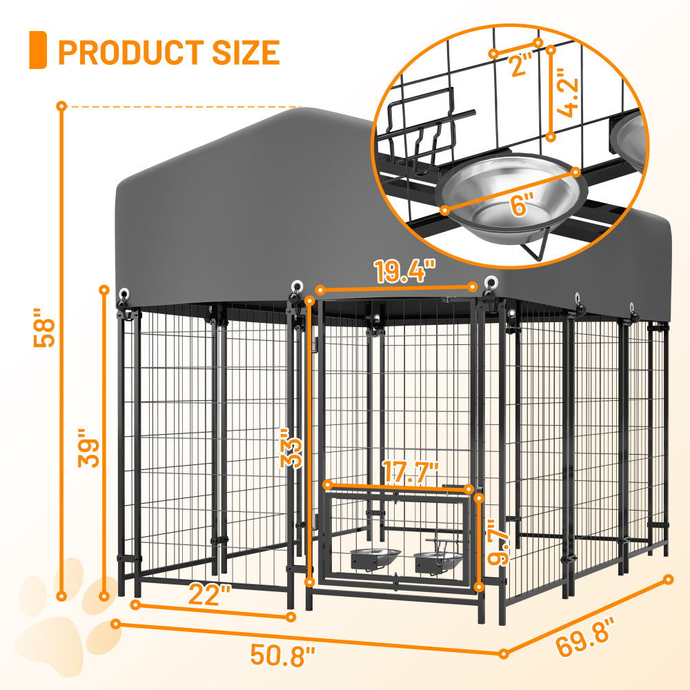 Dog Kennel Outdoor with Roof, 4.23'x5.82'x4.83' Welded Wire Enclosure, Heavy Duty Dog Crate with UV-Resistant Waterproof Cover, Double Lock & Rotating Feeder