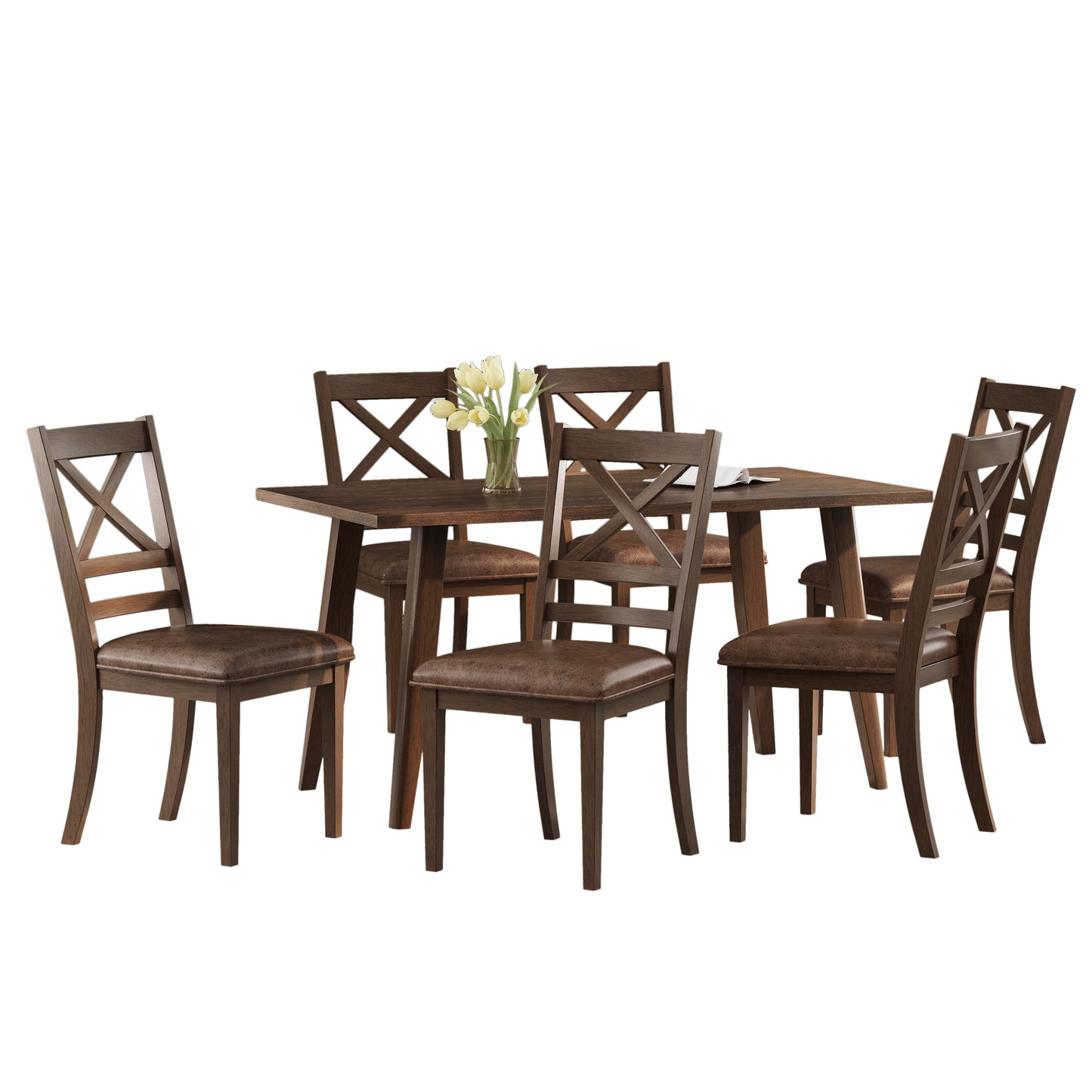 Farmhouse Style Indoor Wood Dining Set with 6 Chairs and Dining Table in Brown Rubberwood