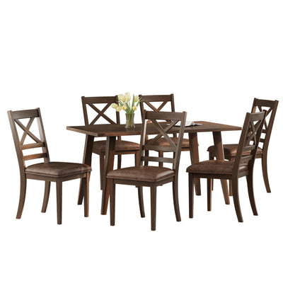 Farmhouse Style Indoor Wood Dining Set with 6 Chairs and Dining Table in Brown Rubberwood