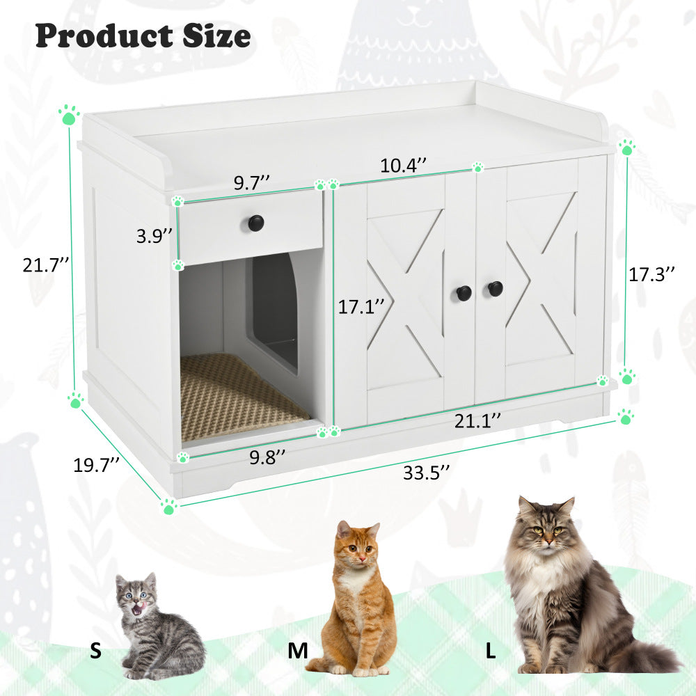 GO Cat Litter Box Enclosure, Litter Box Furniture Hidden with Cat Litter Mat, Indoor Cat House with Storage Drawer Side Table, Farmhouse Style Cat Box Cabinet for Living Room, White