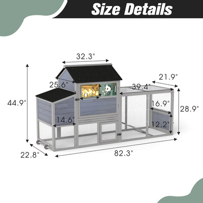 Portable Mobile Chicken Coop with Nesting Box, Sleeping Room, Run, Window, Sun Board, Doors, Pull-Out Tray, Wheels, Outdoor Backyard Pen for Small Animals, Gray with Colorful Patterns
