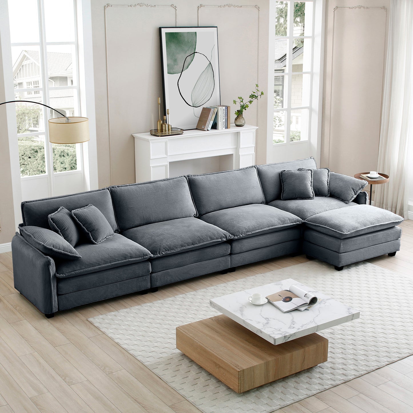 Corduroy Sofa Modern Upholstered 4 Seater with with 1 Footstool Corduroy Fabric Sofa , Office Living Room Apartment Comfort Sofa, Easy to Assemble with 2 Arm Pillows and 4 Throw Pillows