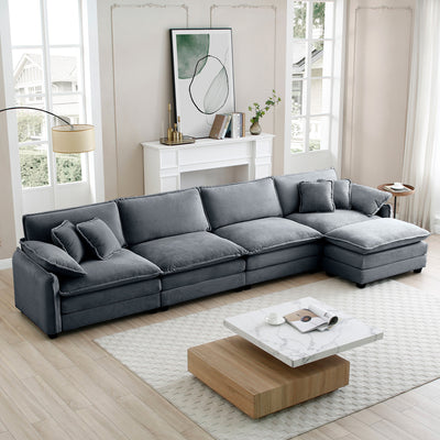 Corduroy Sofa Modern Upholstered 4 Seater with with 1 Footstool Corduroy Fabric Sofa , Office Living Room Apartment Comfort Sofa, Easy to Assemble with 2 Arm Pillows and 4 Throw Pillows