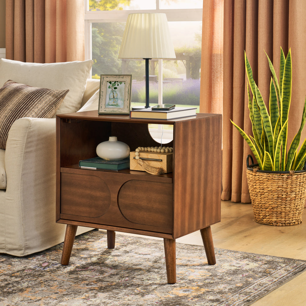 SunJet Mid Century Modern Fluted Nightstand with Charging Station USB Ports & Outlet Hole & 4 Solid Wood Legs, Farmhouse End Table with Open Space and Drawer Dresser, Walnut
