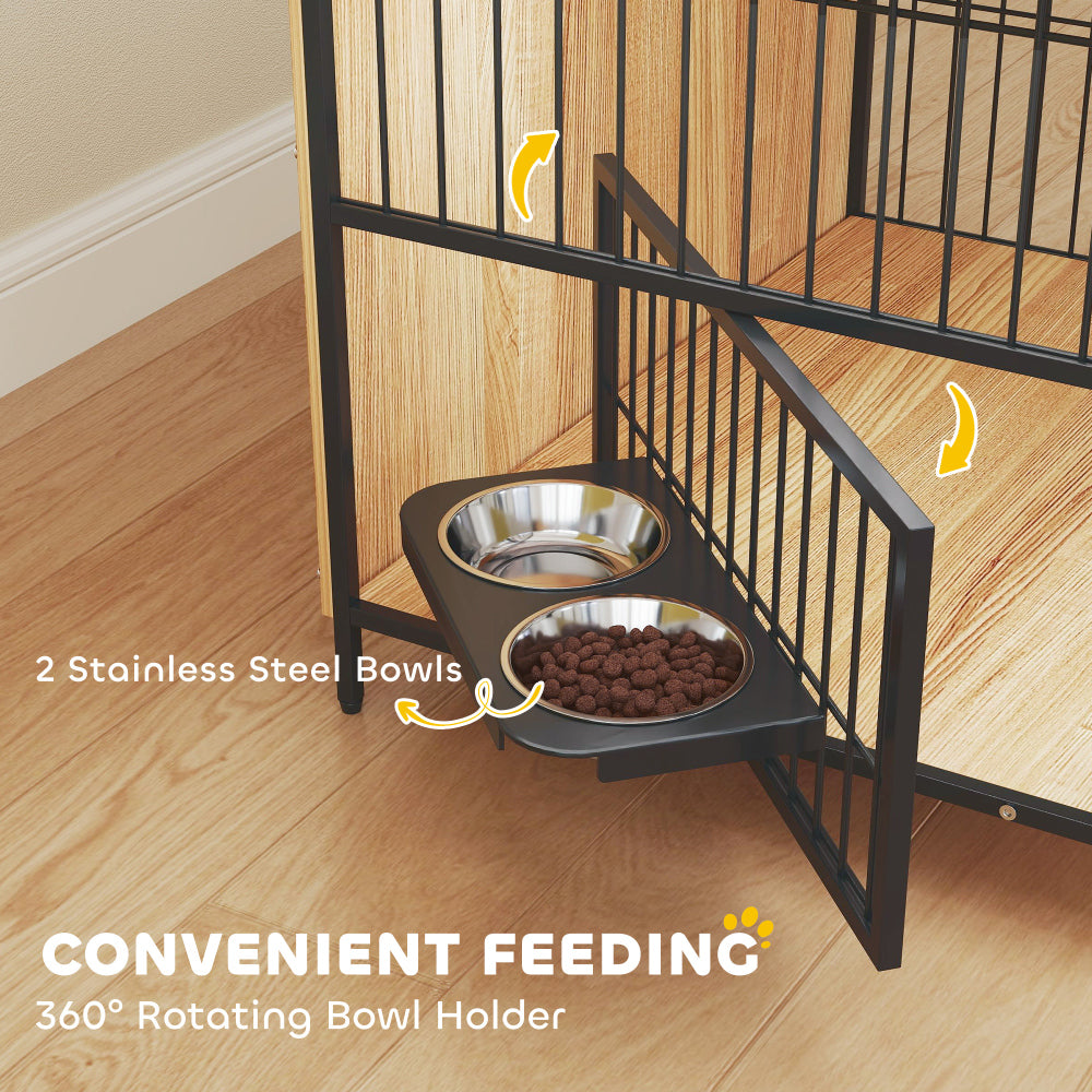 Indoor Pet Kennel Side Table with Rotatable Bowls, 2 Anti-Escape Doors,Oak