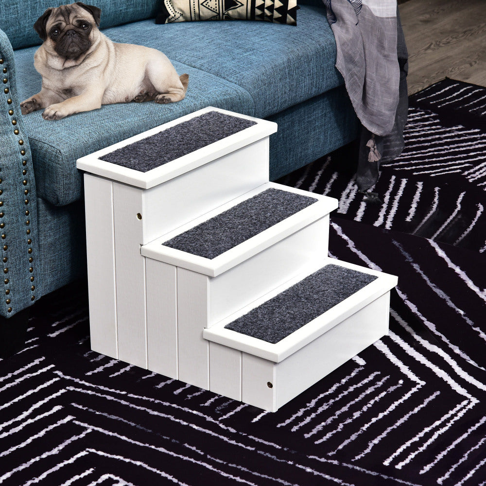 PawHut 3 Step Wooden Carpeted Non Slip Pet Stairs Ramp for Cats and Small Dogs - White