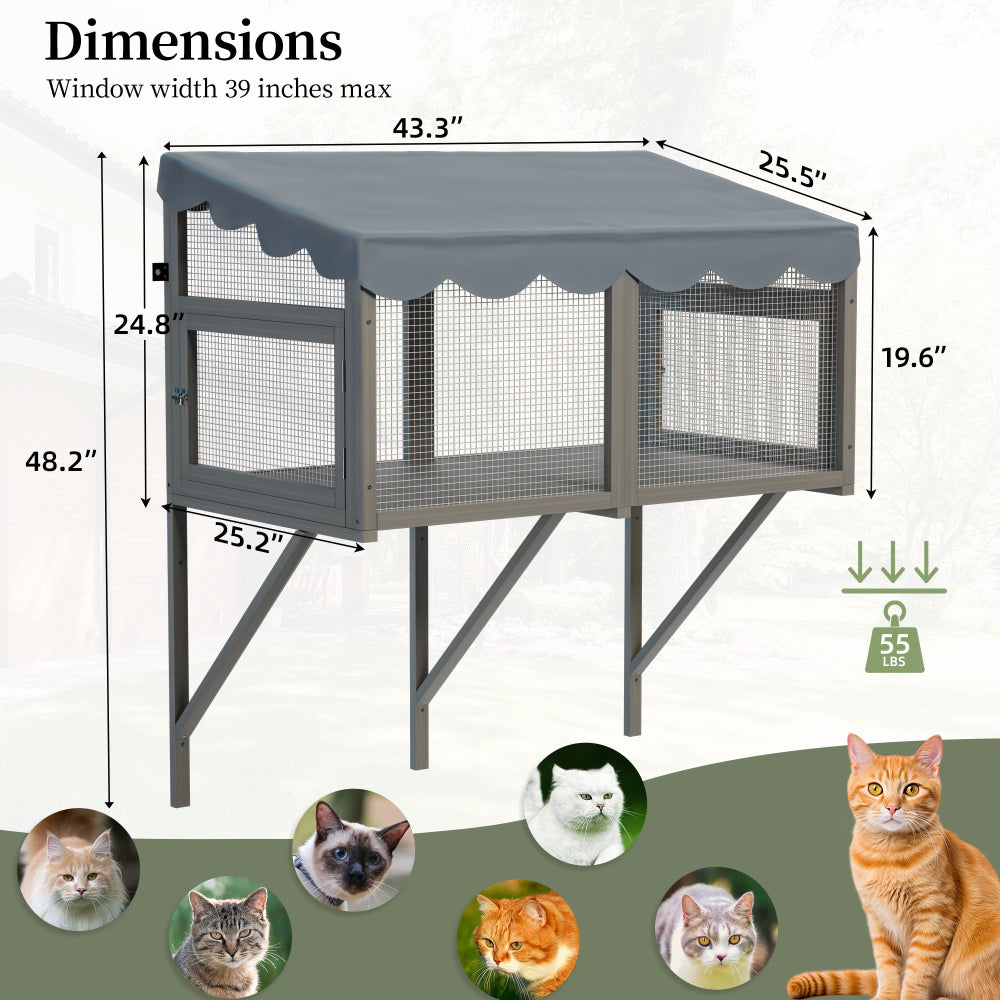 Cat Catio, Window Box Enclosure for Indoor Cats, Wooden Window Perch House, Expandable for Multi Kittens, Secure Comfortable Outdoor Haven for Pets