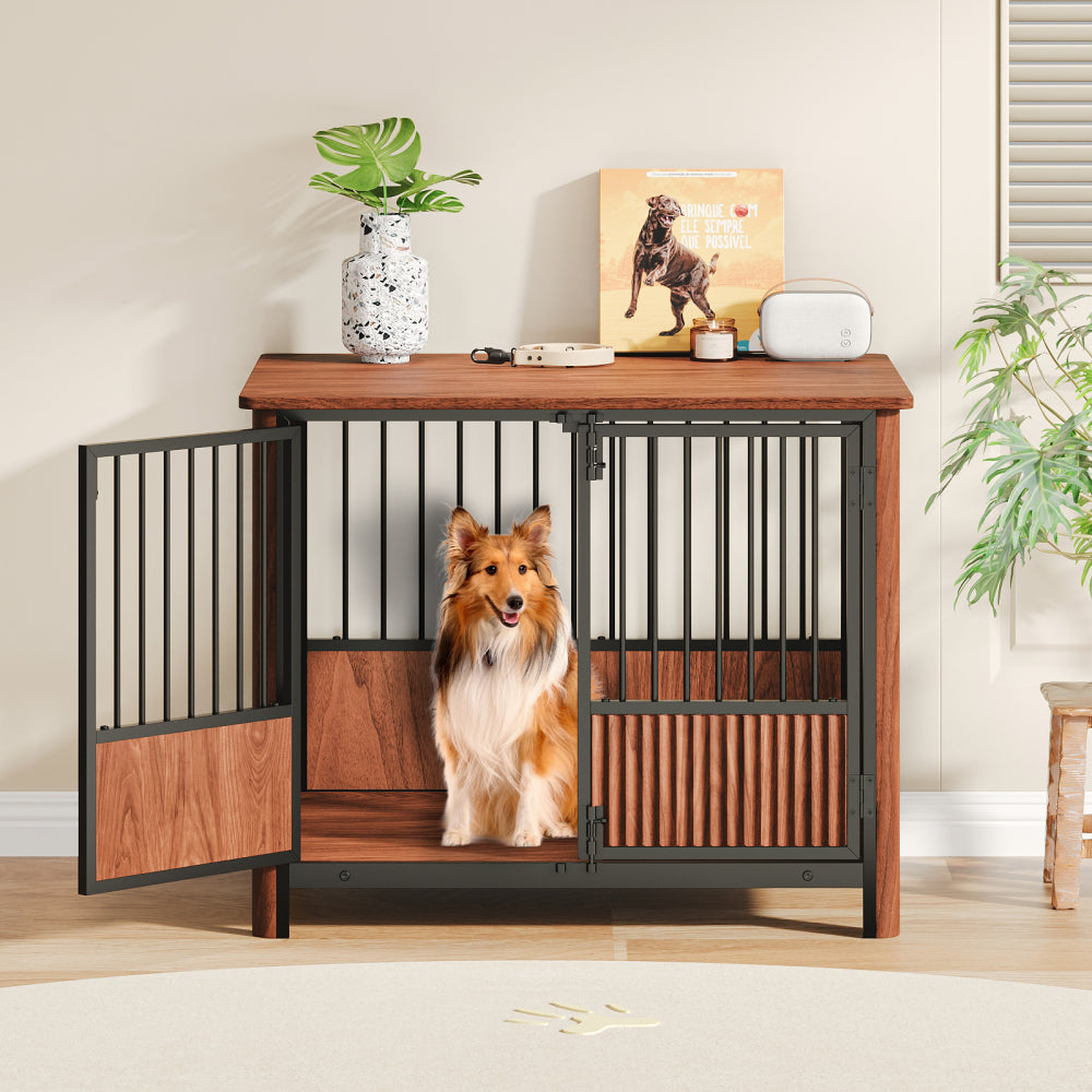31.5'' Walnut Fluted Wood Furniture Style Dog Crate for small & Medium Dogs - Double Door Design, Decorative Pet House & Indoor Side End Table.