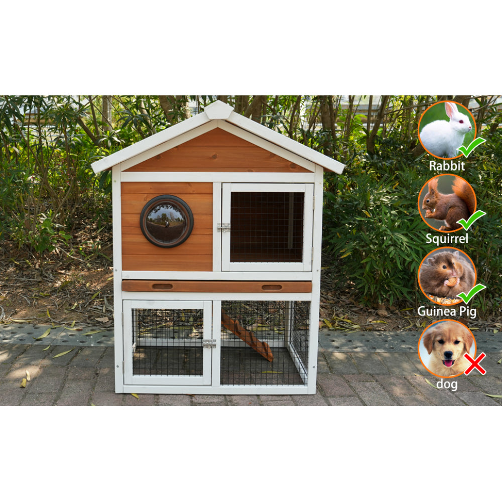 Rabbit Hutch Outdoor, Bunny Cage with Waterproof Roof, Removable Pull Out Tray,  2-tier Wooden Rabbit House for Small Animals, Rabbit Enclosure Suits for Guinea Pigs, Hamster,.Viewing Window Design